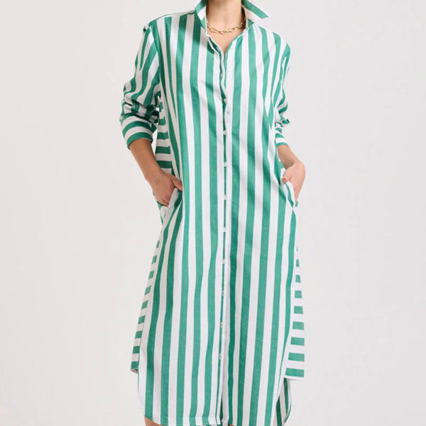 The Andrea Shirt Dress / Green Wide Stripe