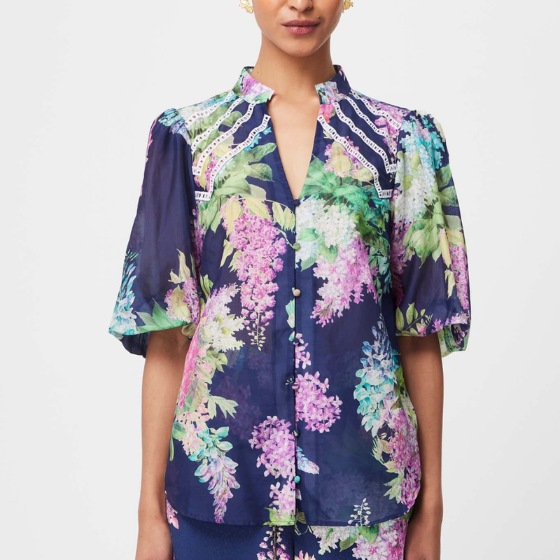 Bahia Embroidered Yoke Shirt / Navy Wisteria