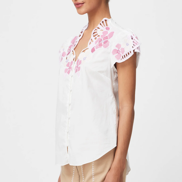 Ballou Embroidered Cotton Voile Blouse / Ivory Blush