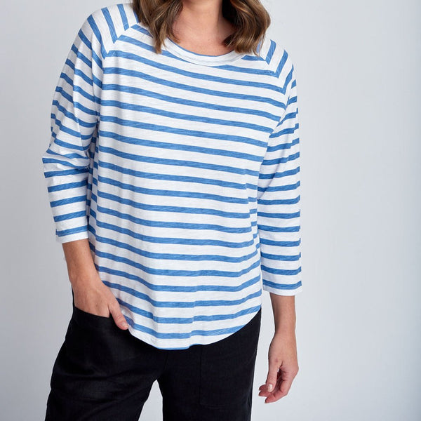 Stripe 3/4 Sleeve Raglan tee / White + Deep Blue