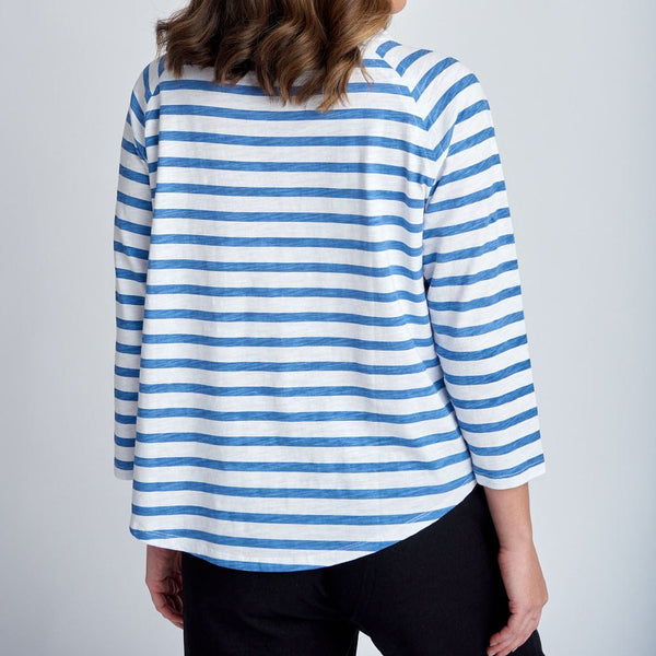 Stripe 3/4 Sleeve Raglan tee / White + Deep Blue