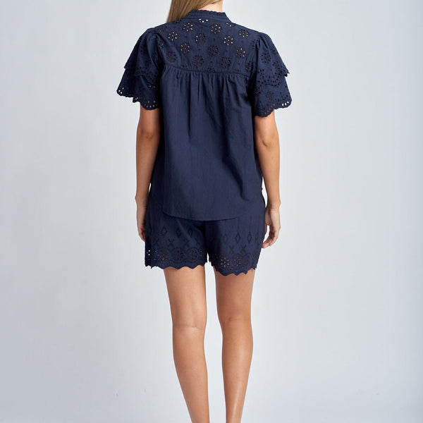 Embroidered Shirt with Frill / Navy