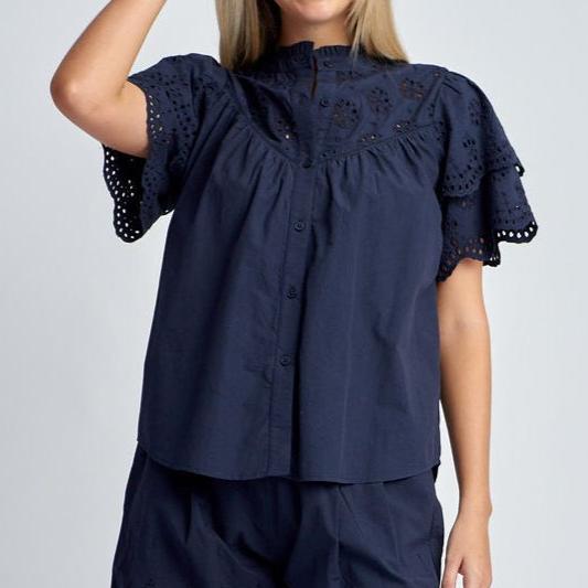 Embroidered Shirt with Frill / Navy