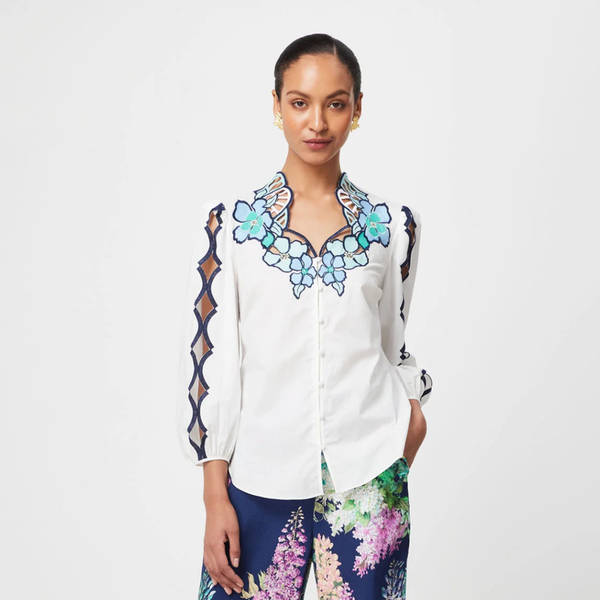 Cristina Embroidered 3/4 Sleeve Blouse / Ivory Bay