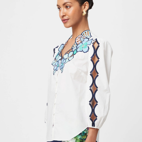 Cristina Embroidered 3/4 Sleeve Blouse / Ivory Bay