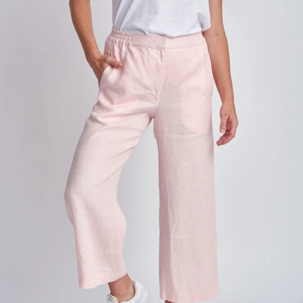 Cropped Side Elastic Linen Pant / Pale Pink