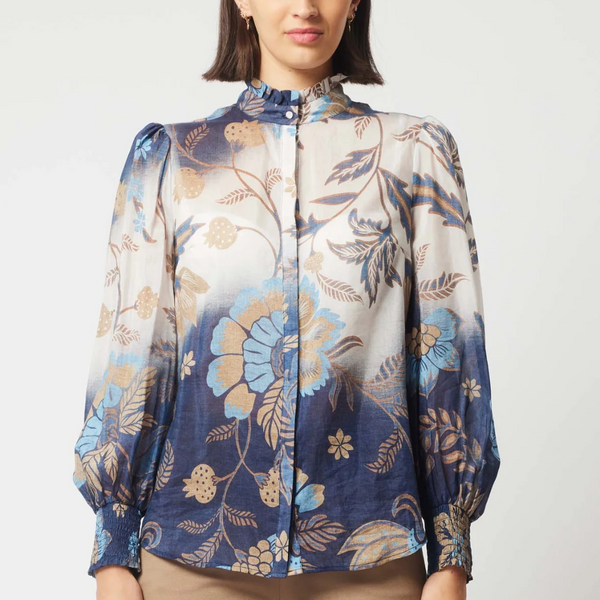 Dynasty Cotton Silk Shirred Cuff Shirt / Lotus Flower