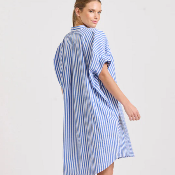 The Isla Shirt Sleeve Dress / Mid Blue Stripe