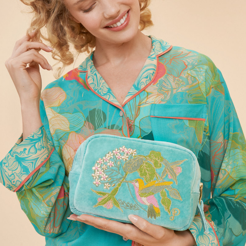 Velvet Make Up Bag / Hummingbird Aqua