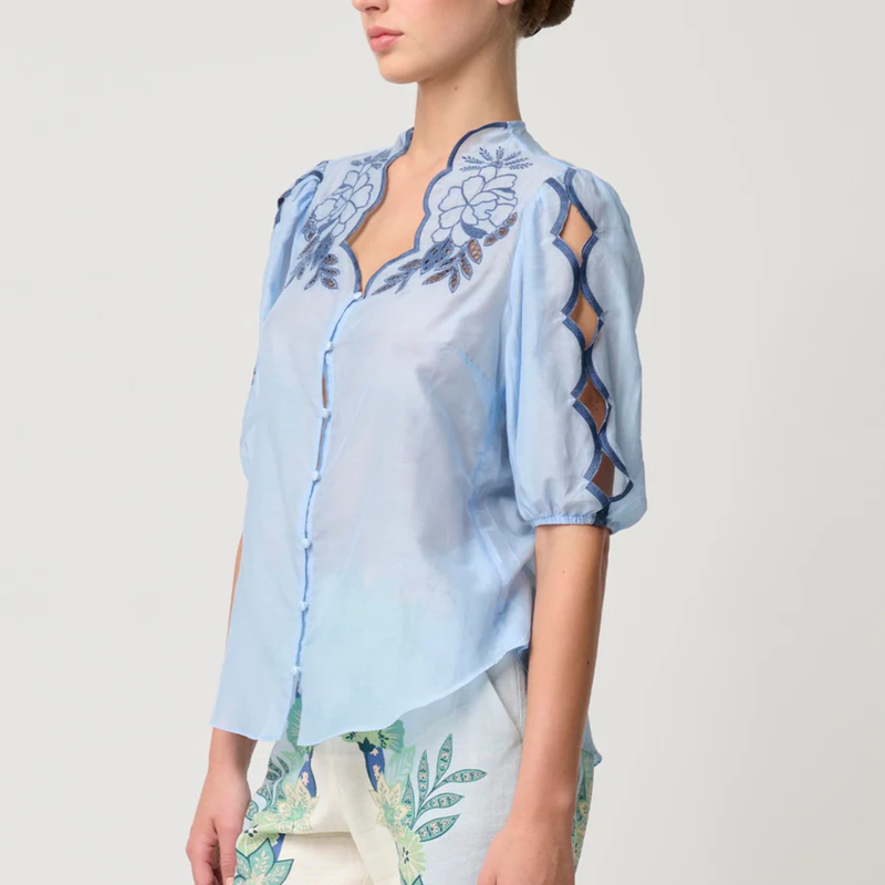 Martinque Cotton Silk Embroidered Shirt / Sky