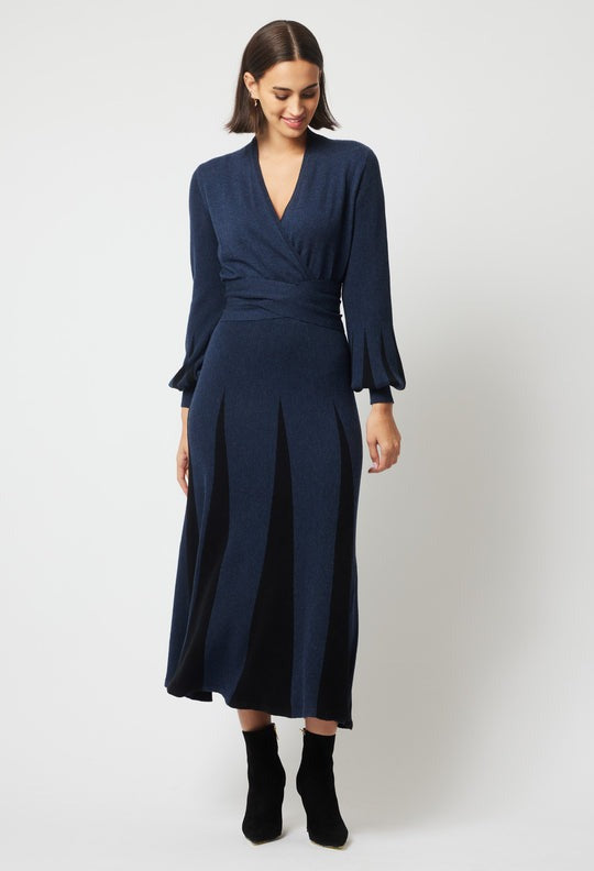 Danxia Godet Detail Wool Knit Dress / Midnight