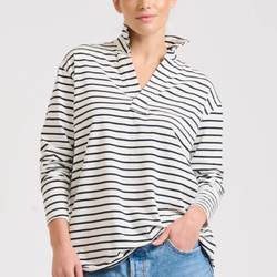 Raw Collar Long Sleeve Tee / White + Navy Stripe