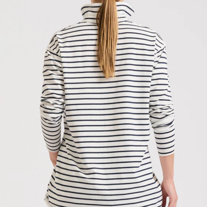 Raw Collar Long Sleeve Tee / White + Navy Stripe