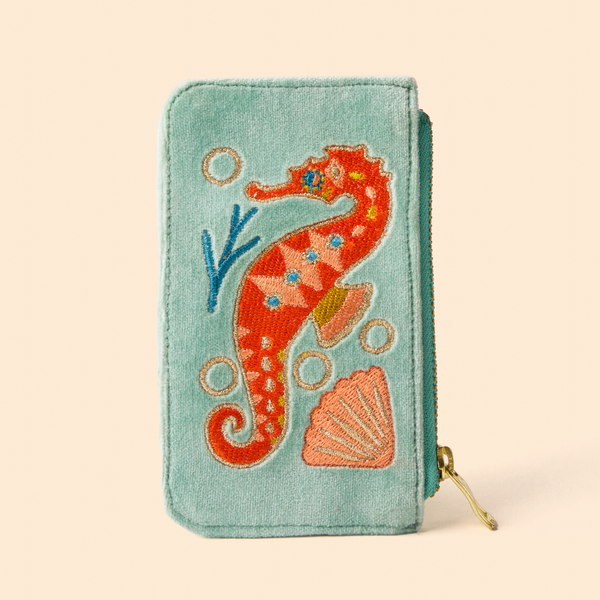Sparkling Seahorse Velvet Card Holder / Aqua