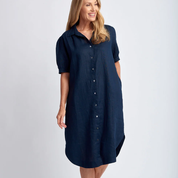 Short Sleeve Linen Dress / Navy