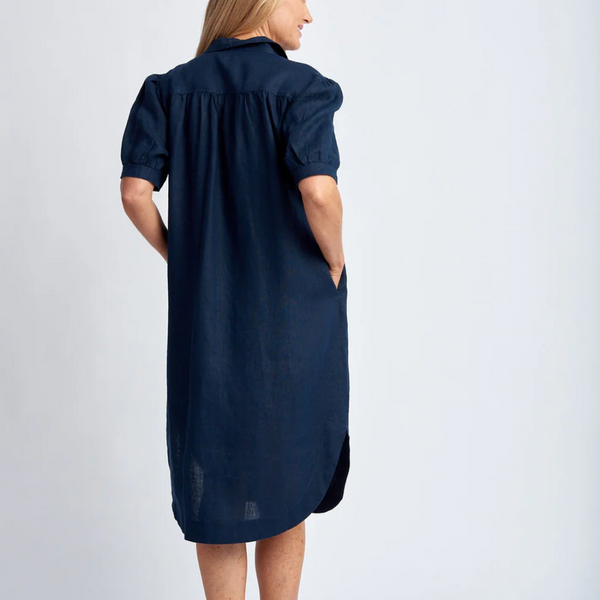 Short Sleeve Linen Dress / Navy