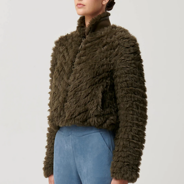 Sybil Chevron Faux Rib Collar Bomber / Moss