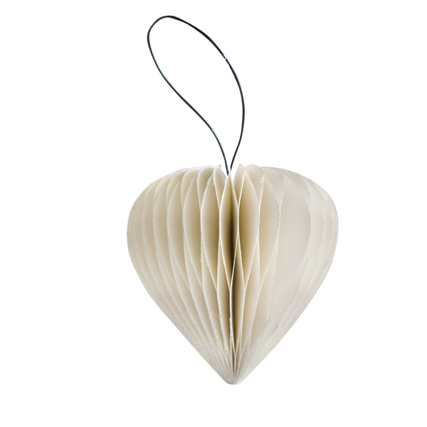 Paper Heart Ornament / Off White + Silver Flitter